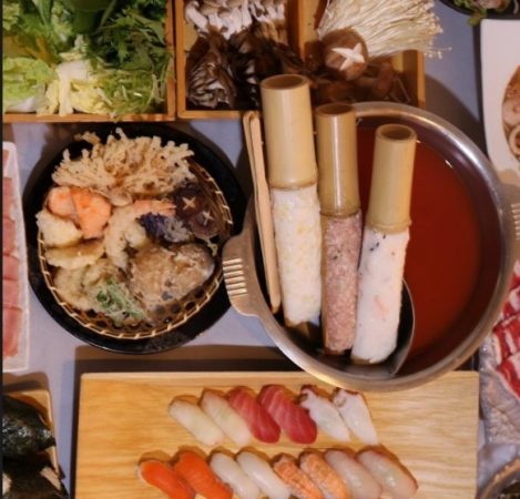 花ごころの「豚肉と牛肉のしゃぶしゃぶと天ぷら握り寿司食べ放題」
